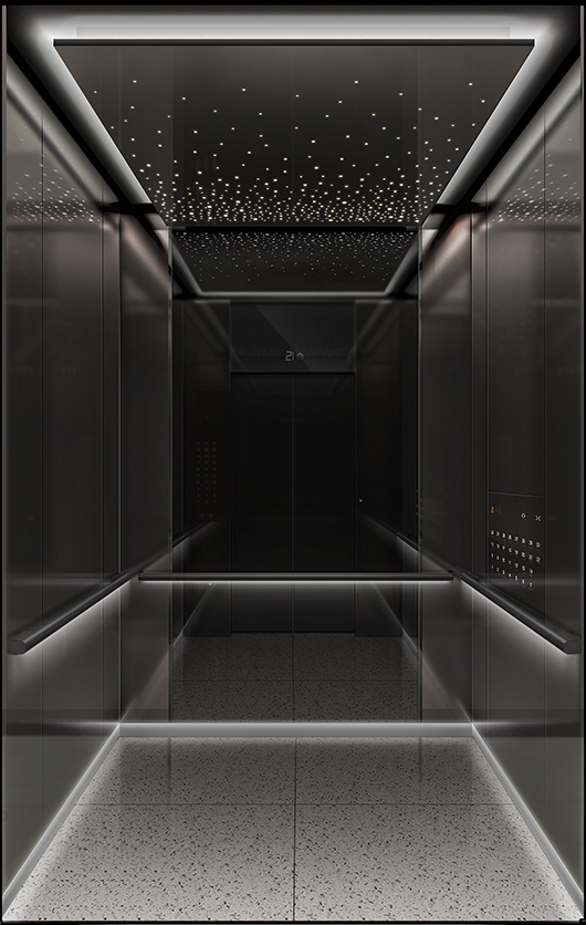 엘리베이터 디자인 ‘FANTASTIC RIDE-별빛 - 후면 이미지 - 별처럼 반짝이는 조명이 어두운 내부 마감에 대비되어 환상적인 느낌을 준다.